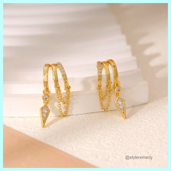 14K Gold Plated Triple Huggie Stud Earrings, Dainty Drop Statement Jewelry - Picture 6 of 7